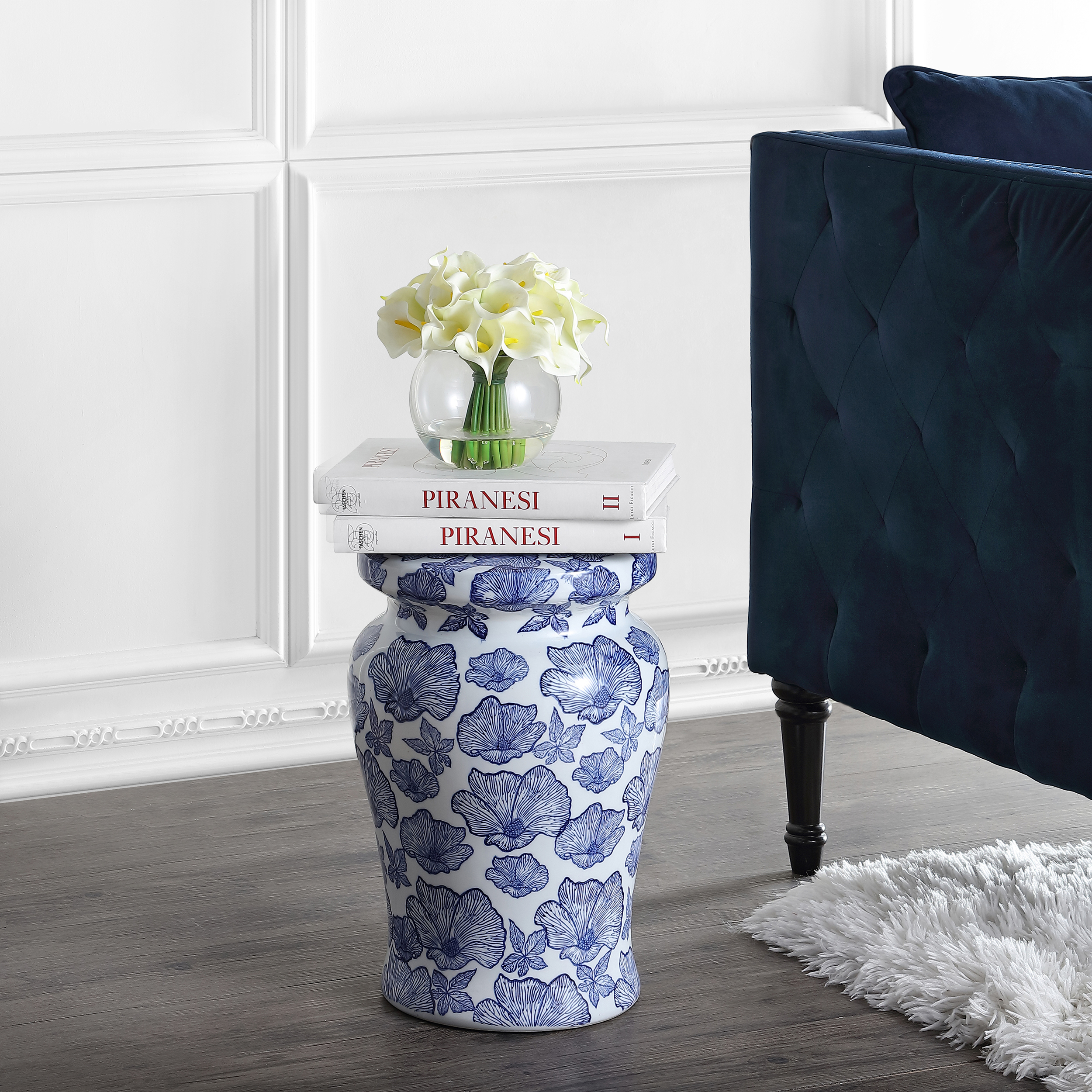 Poppies 17 7 Ceramic Garden Stool White Blue Jonathan Y