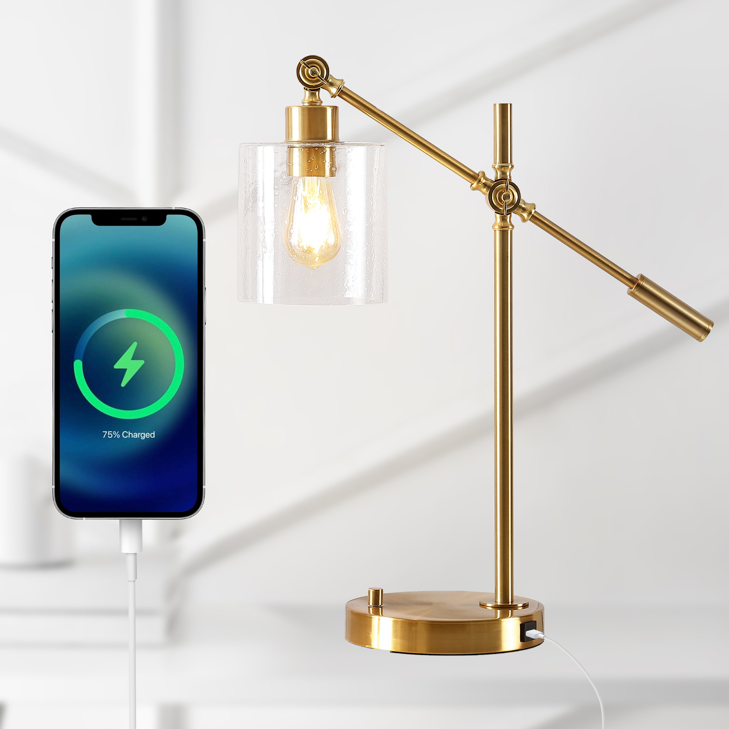 Kathryn Classic 23 Iron Seeded Glass Adjustable Head Modern Usb Charging Led Task Lamp Brass Gold Jonathan Y